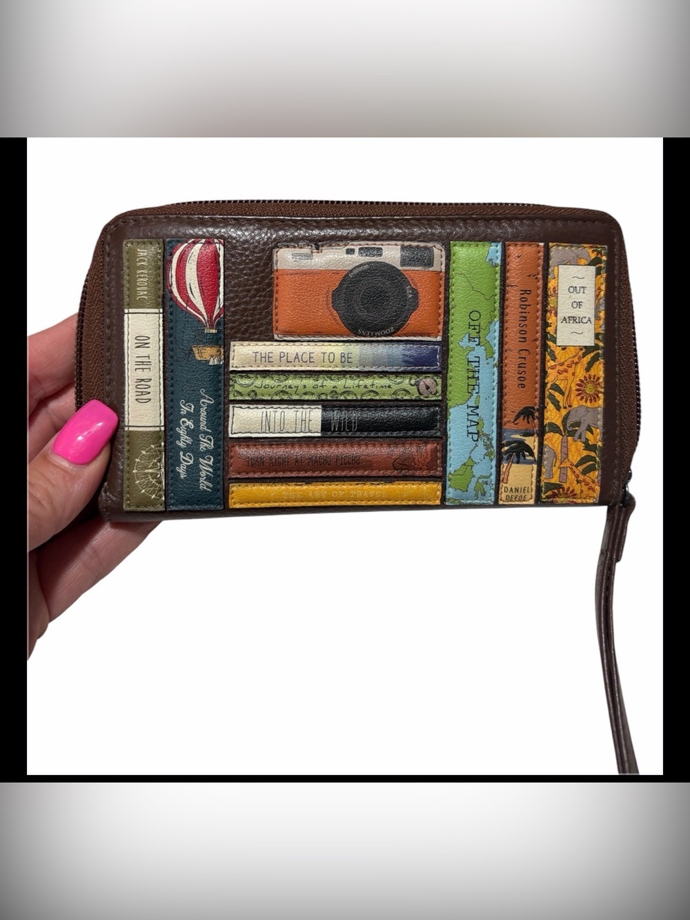 Yoshi Bookworm Brown Genuine Leather Travel Applique Zip Around Wallet NWOT